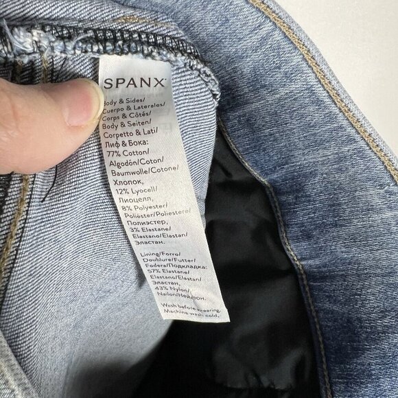 SPANX Jeans Women's Large Blue Two Tone Distressed Ankle Skinny Pull On jeans - Picture 10 of 11